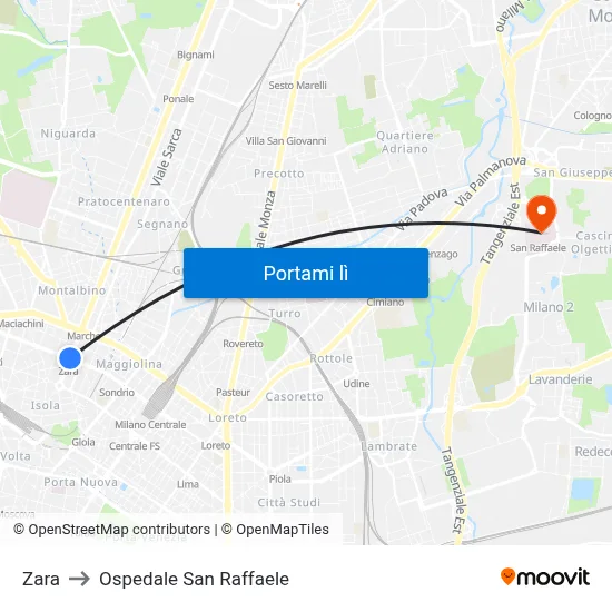 Zara to Ospedale San Raffaele map