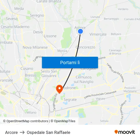 Arcore to Ospedale San Raffaele map