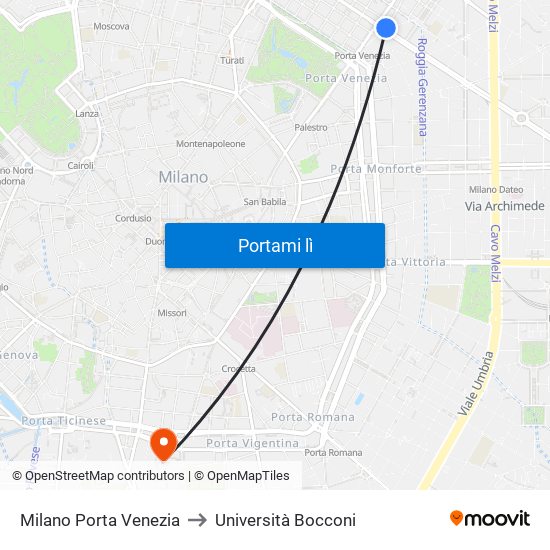 Milano Porta Venezia to Università Bocconi map