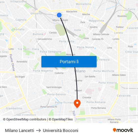 Milano Lancetti to Università Bocconi map