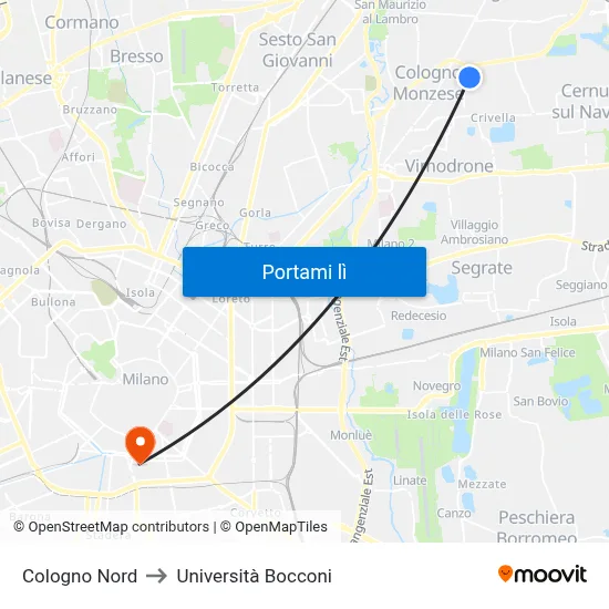 Cologno Nord to Università Bocconi map