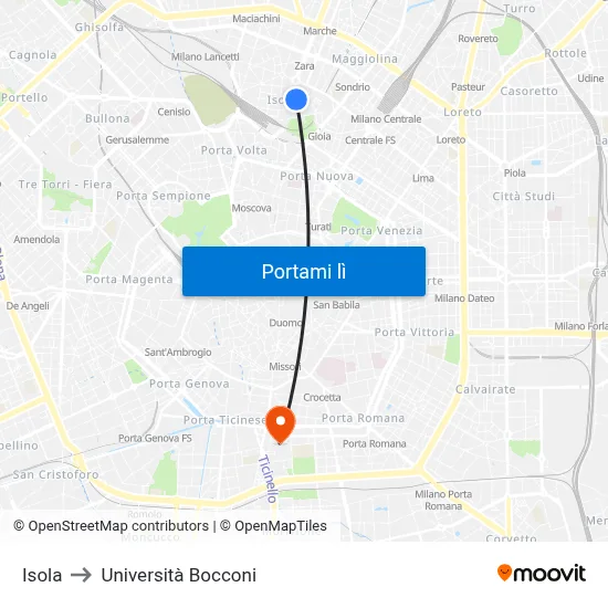 Isola to Università Bocconi map