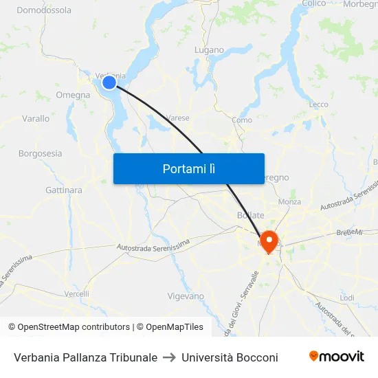 Verbania Pallanza Tribunale to Università Bocconi map