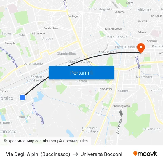 Via Degli Alpini (Buccinasco) to Università Bocconi map