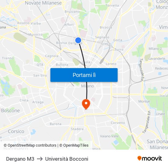 Dergano M3 to Università Bocconi map