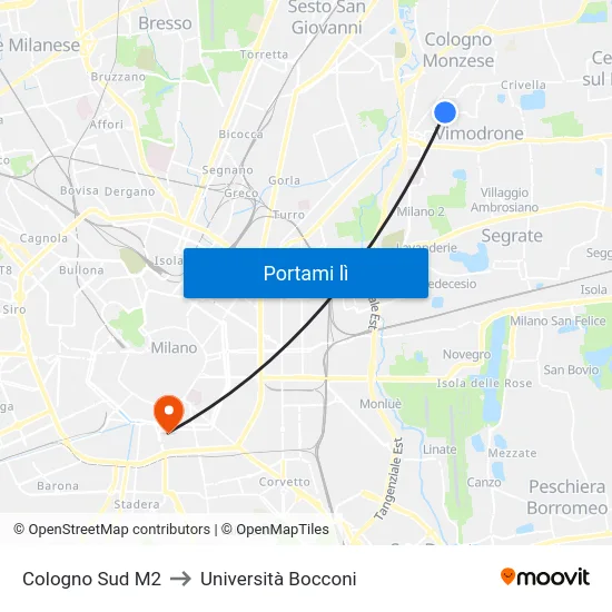 Cologno Sud M2 to Università Bocconi map