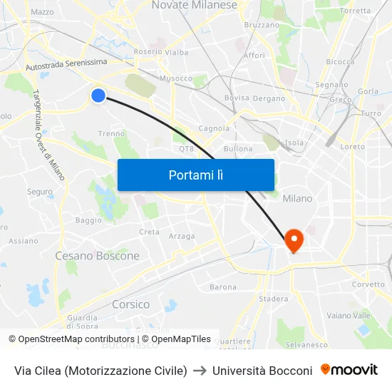 Via Cilea (Motorizzazione Civile) to Università Bocconi map