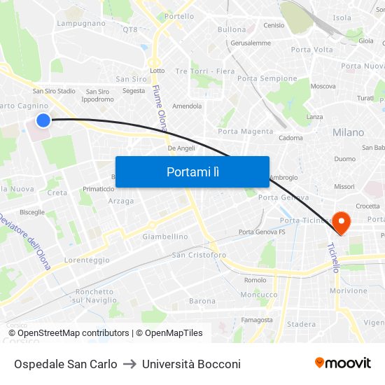 Ospedale San Carlo to Università Bocconi map