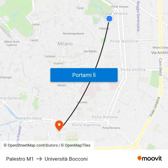 Palestro M1 to Università Bocconi map