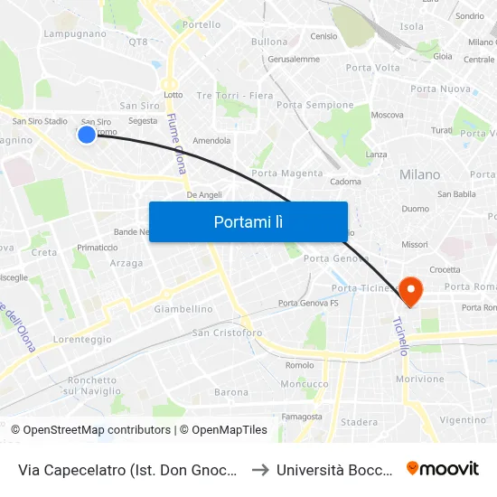 Via Capecelatro (Ist. Don Gnocchi) to Università Bocconi map