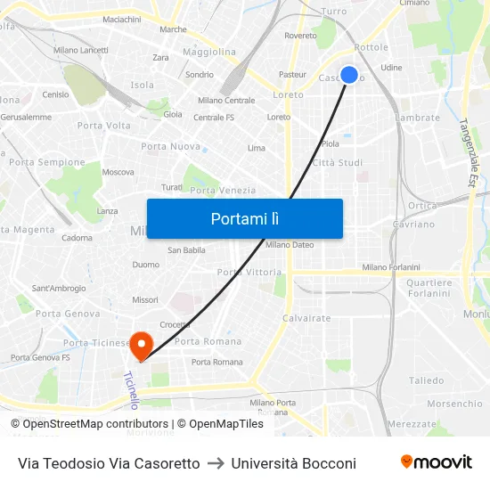 Via Teodosio Via Casoretto to Università Bocconi map