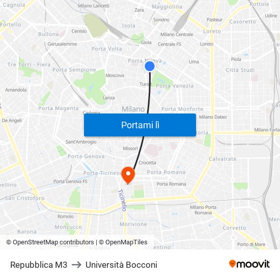 Repubblica M3 to Università Bocconi map