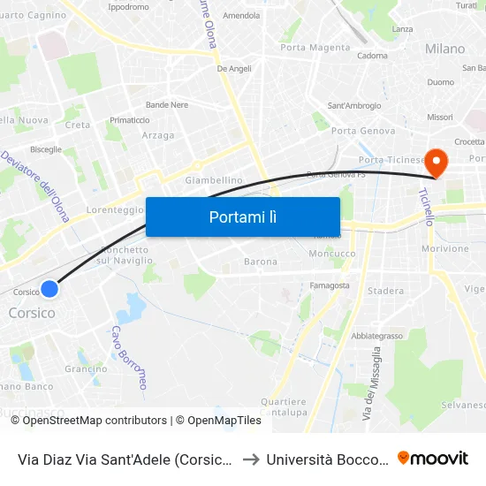 Via Diaz Via Sant'Adele (Corsico) to Università Bocconi map