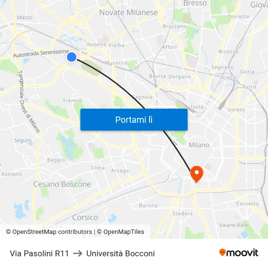 Via Pasolini R11 to Università Bocconi map