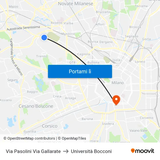 Via Pasolini Via Gallarate to Università Bocconi map