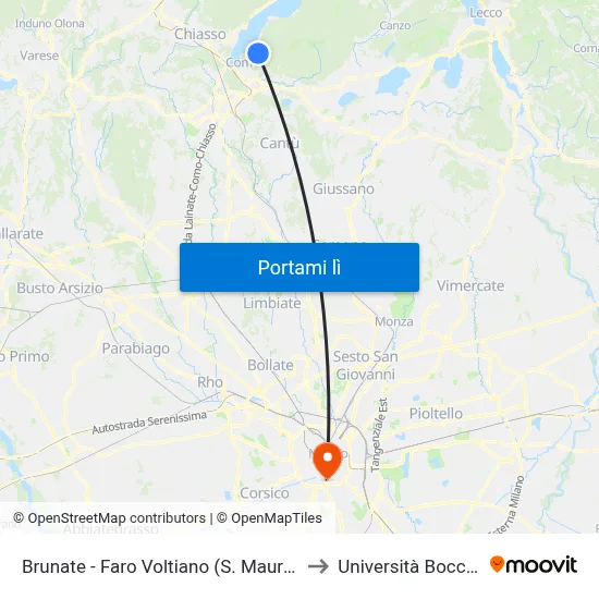 Brunate - Faro Voltiano (S. Maurizio) to Università Bocconi map