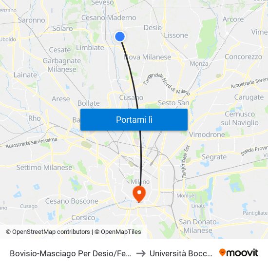 Bovisio-Masciago Per Desio/Fermi to Università Bocconi map