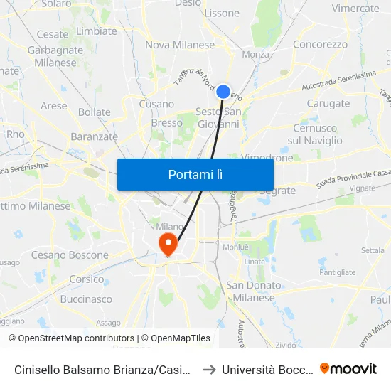 Cinisello Balsamo Brianza/Casignolo to Università Bocconi map