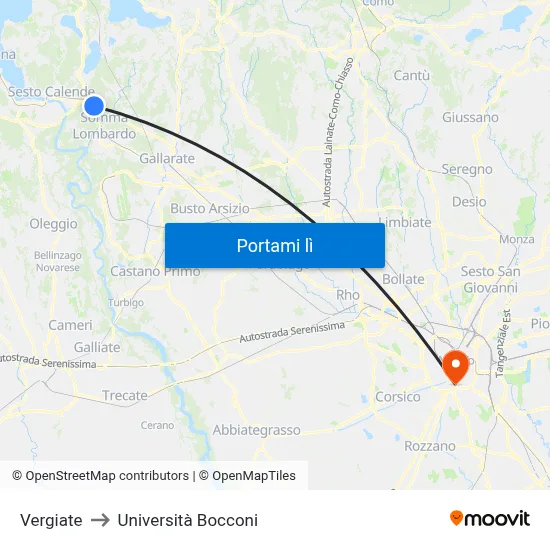 Vergiate to Università Bocconi map