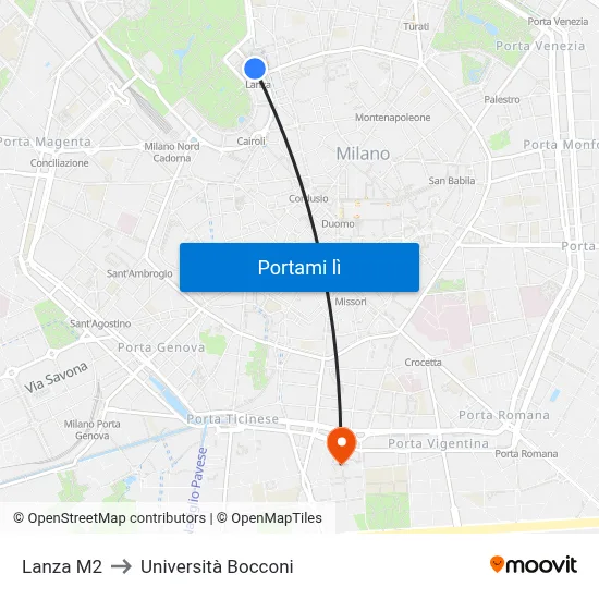 Lanza M2 to Università Bocconi map
