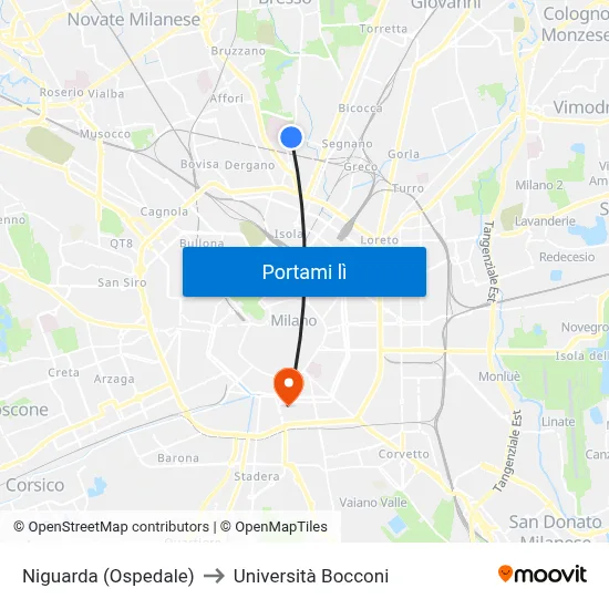 Niguarda (Ospedale) to Università Bocconi map