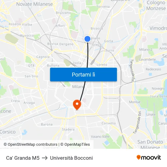 Ca' Granda M5 to Università Bocconi map