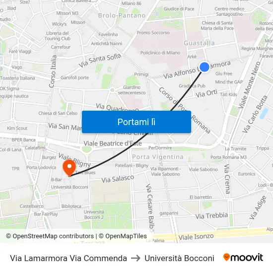 Via Lamarmora Via Commenda to Università Bocconi map