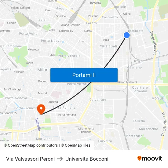 Via Valvassori Peroni to Università Bocconi map