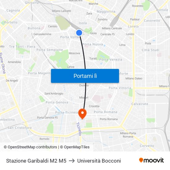 Stazione Garibaldi M2 M5 to Università Bocconi map