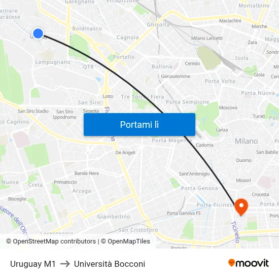 Uruguay M1 to Università Bocconi map