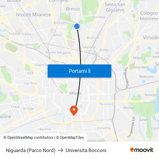 Niguarda (Parco Nord) to Università Bocconi map