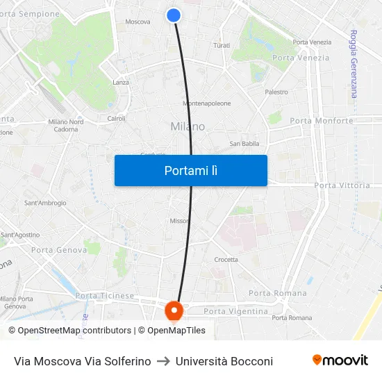 Via Moscova Via Solferino to Università Bocconi map