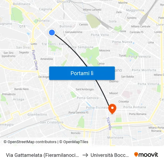 Via Gattamelata (Fieramilanocity) to Università Bocconi map