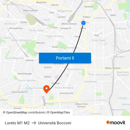 Loreto M1 M2 to Università Bocconi map