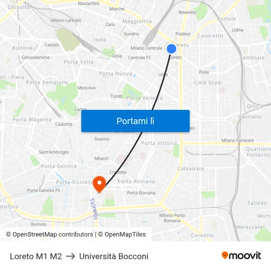 Loreto M1 M2 to Università Bocconi map