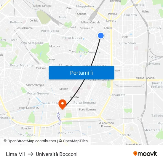 Lima M1 to Università Bocconi map