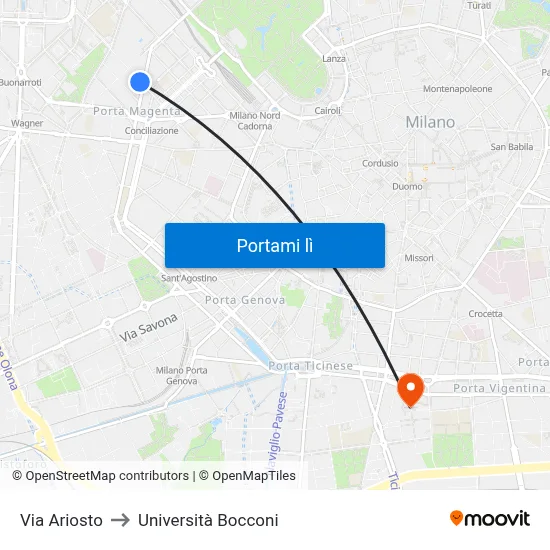 Via Ariosto to Università Bocconi map