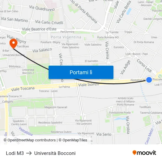 Lodi M3 to Università Bocconi map