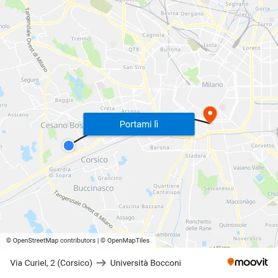 Via Curiel, 2 (Corsico) to Università Bocconi map