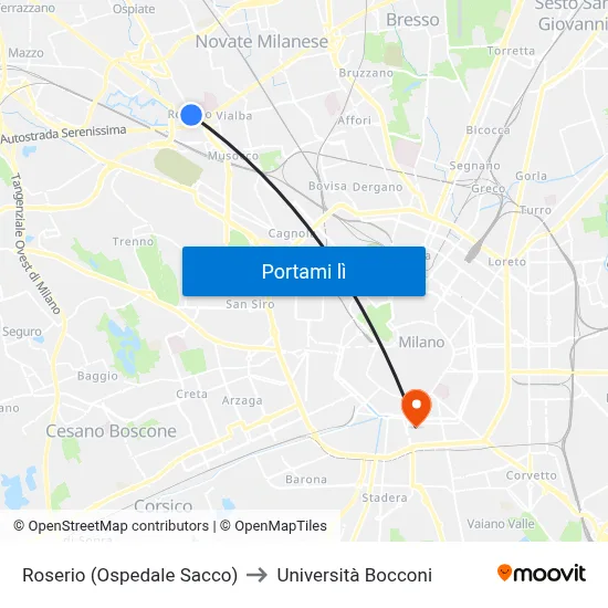 Roserio (Ospedale Sacco) to Università Bocconi map