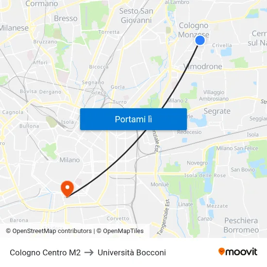 Cologno Centro M2 to Università Bocconi map