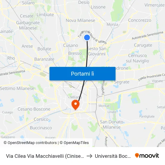 Via Cilea Via Macchiavelli (Cinisello B.) to Università Bocconi map