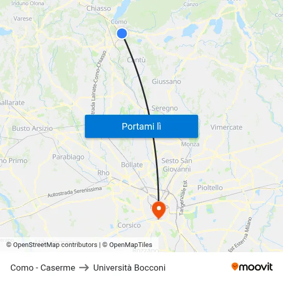 Como - Caserme to Università Bocconi map