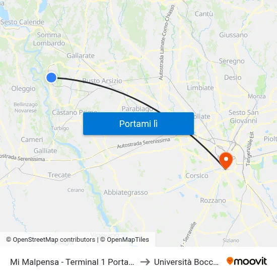 Mi Malpensa - Terminal 1 Porta 13 to Università Bocconi map