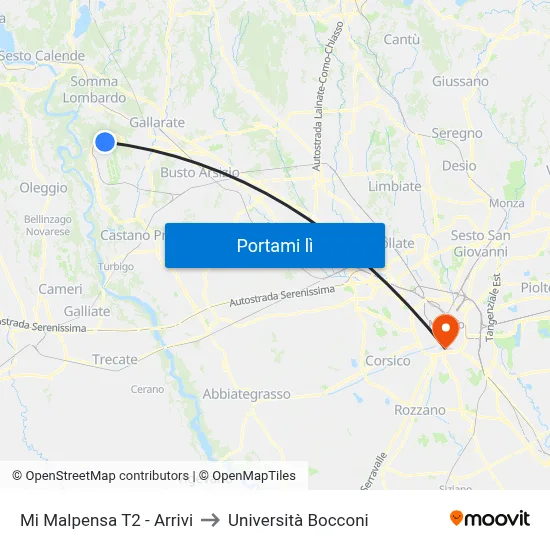 Mi Malpensa T2 - Arrivi to Università Bocconi map