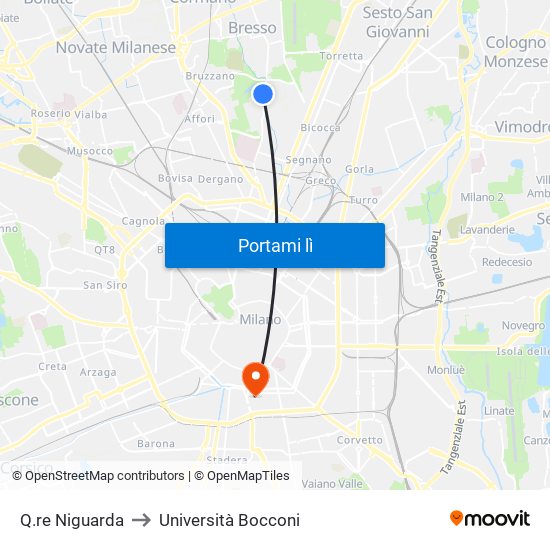 Q.re Niguarda to Università Bocconi map