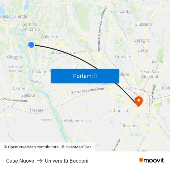 Case Nuove to Università Bocconi map