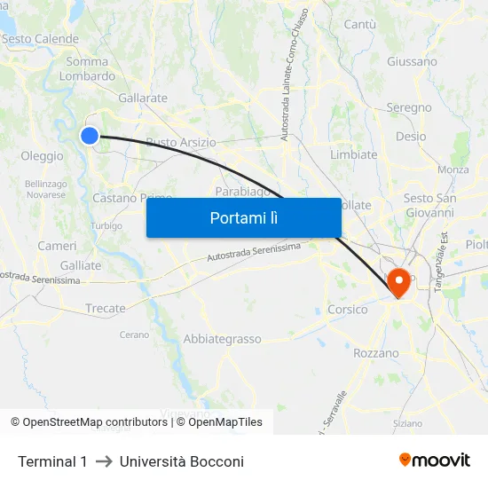 Terminal 1 to Università Bocconi map