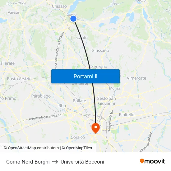 Como Nord Borghi to Università Bocconi map