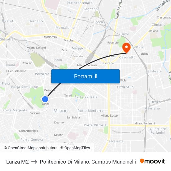 Lanza M2 to Politecnico Di Milano, Campus Mancinelli map